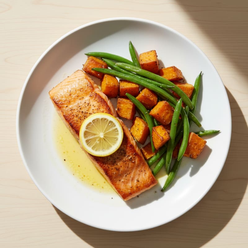 Seared Salmon with Roasted Sweet Potato and Green Beans