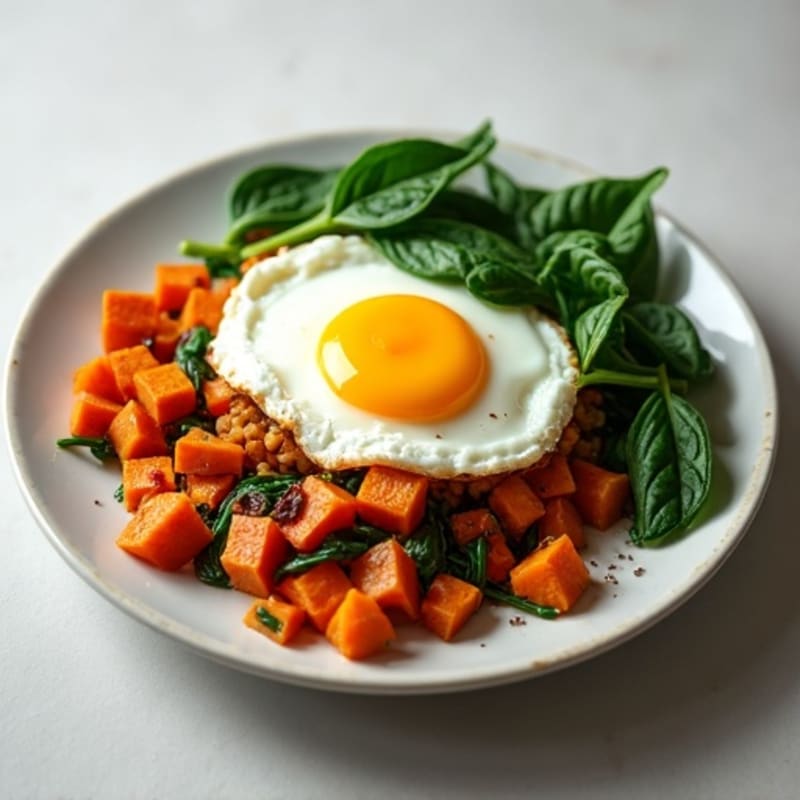 Egg and Sweet Potato Hash with Sautéed Spinach
