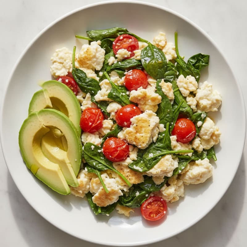 Egg White Spinach Scramble with Cherry Tomatoes