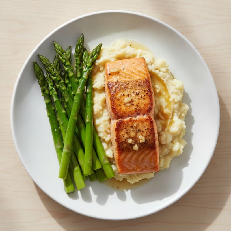 Seared Salmon with Steamed Asparagus and Cauliflower Mash