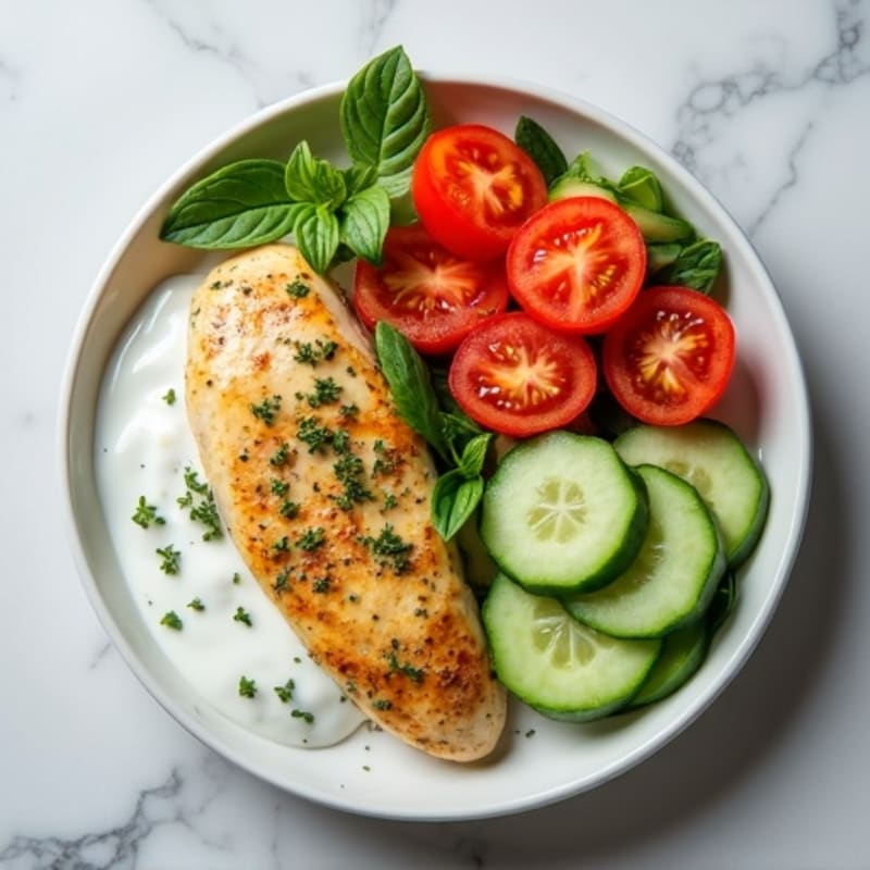 Lemon-Herb Chicken with Creamy Yogurt Sauce and Fresh Cucumber Tomato Salad