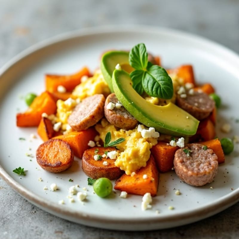 Egg White and Turkey Sausage Scramble with Roasted Sweet Potatoes