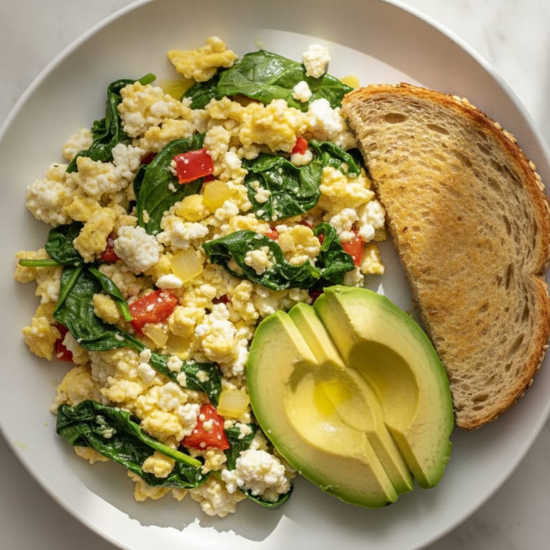 Egg White Veggie Scramble with Cottage Cheese and Sautéed Spinach
