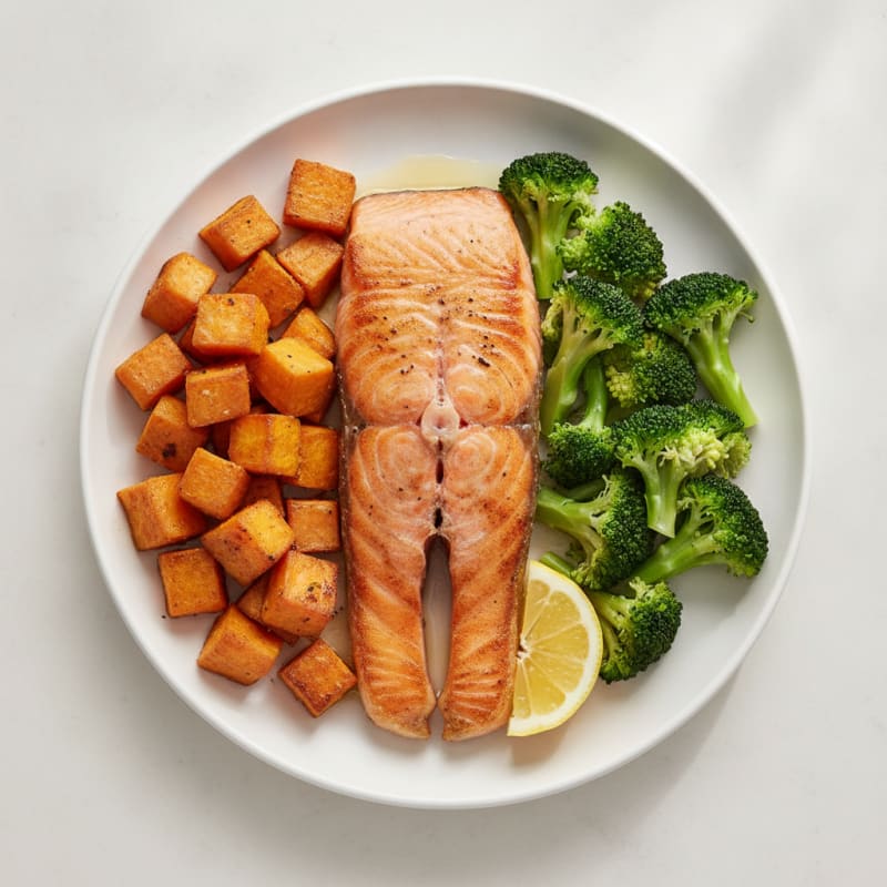 Seared Salmon with Roasted Sweet Potatoes and Steamed Broccoli