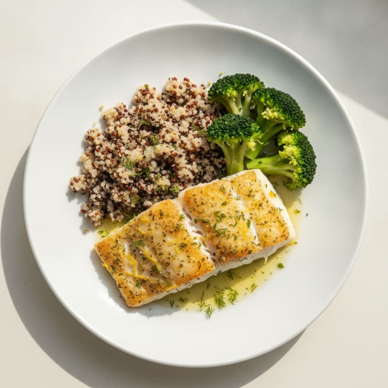 Baked Cod with Steamed Broccoli and Quinoa