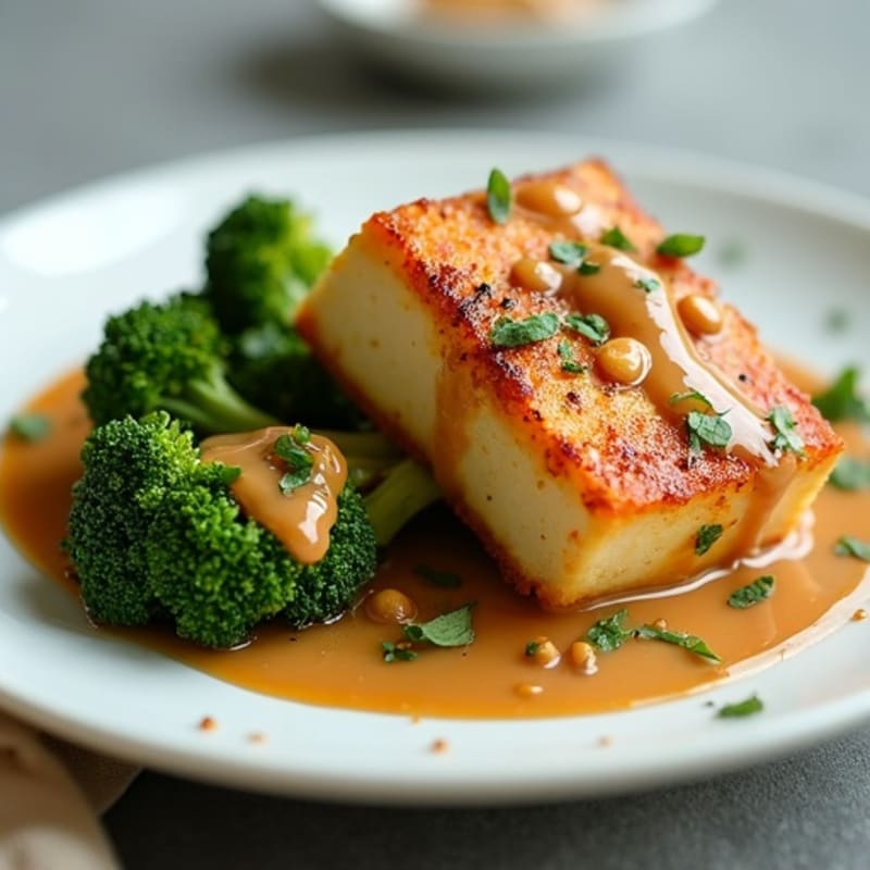 Crispy Baked Tofu with Roasted Broccoli and Peanut Sauce