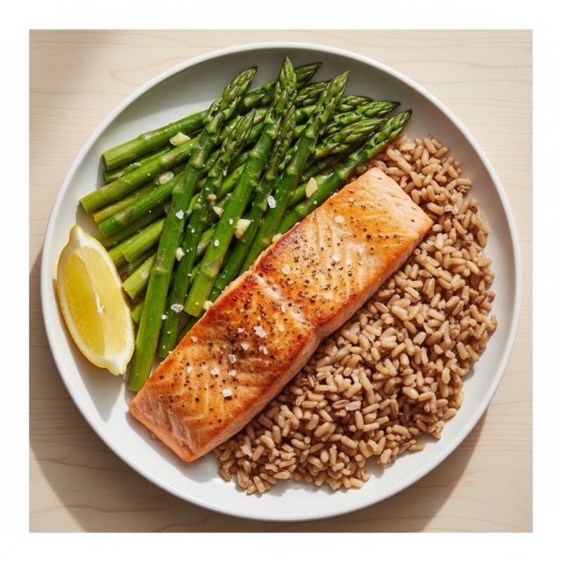 Seared Salmon with Steamed Asparagus and Brown Rice