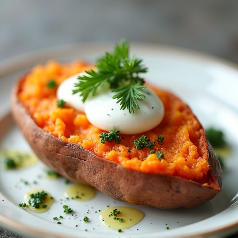 Crispy-Skinned Sweet Potato with Greek Yogurt and Herbs