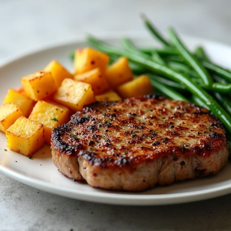 Pan-Seared Steak with Crispy Garlic Roasted Potatoes and Green Beans