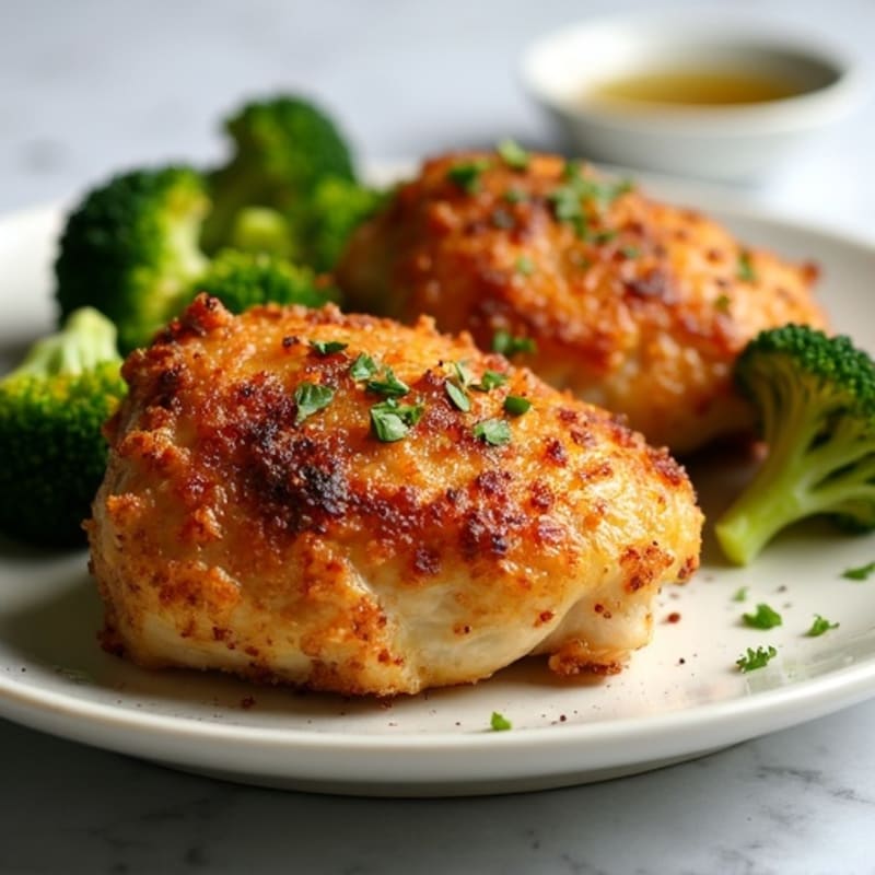Crispy Baked Chicken Thighs with Garlic Roasted Broccoli