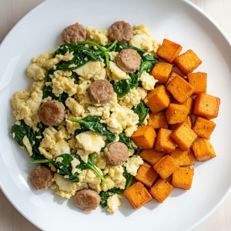 Egg White and Turkey Sausage Scramble with Spinach and Roasted Sweet Potato