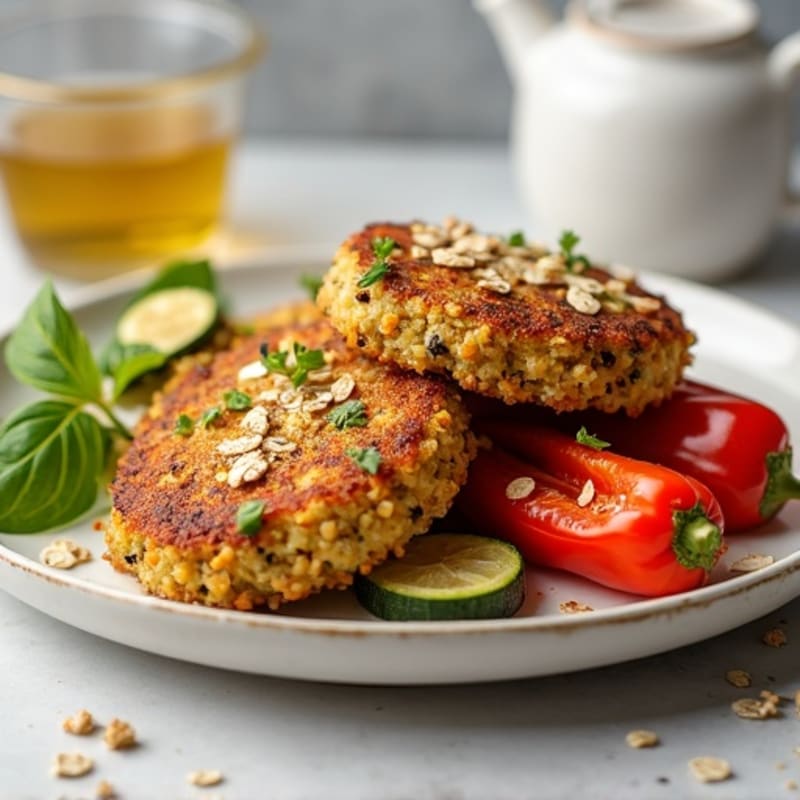 Crispy Lentil Quinoa Cakes with Roasted Vegetables
