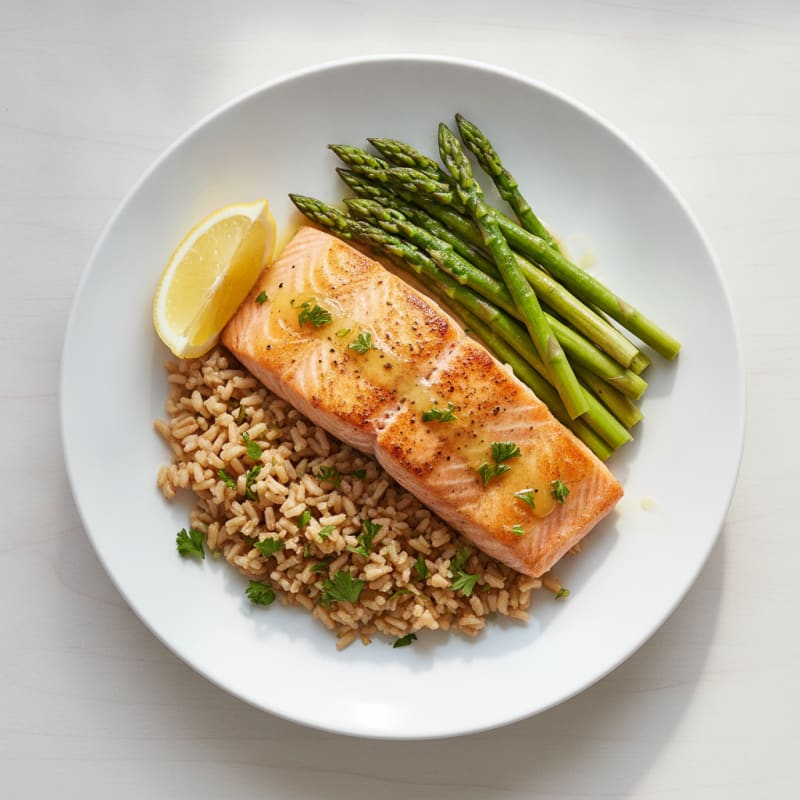 Seared Salmon Fillet with Steamed Asparagus and Herbed Brown Rice
