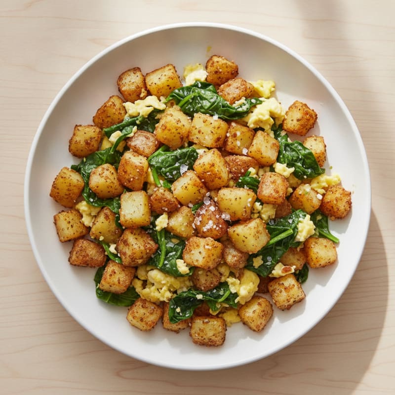 Crispy Potato and Egg Scramble with Spinach