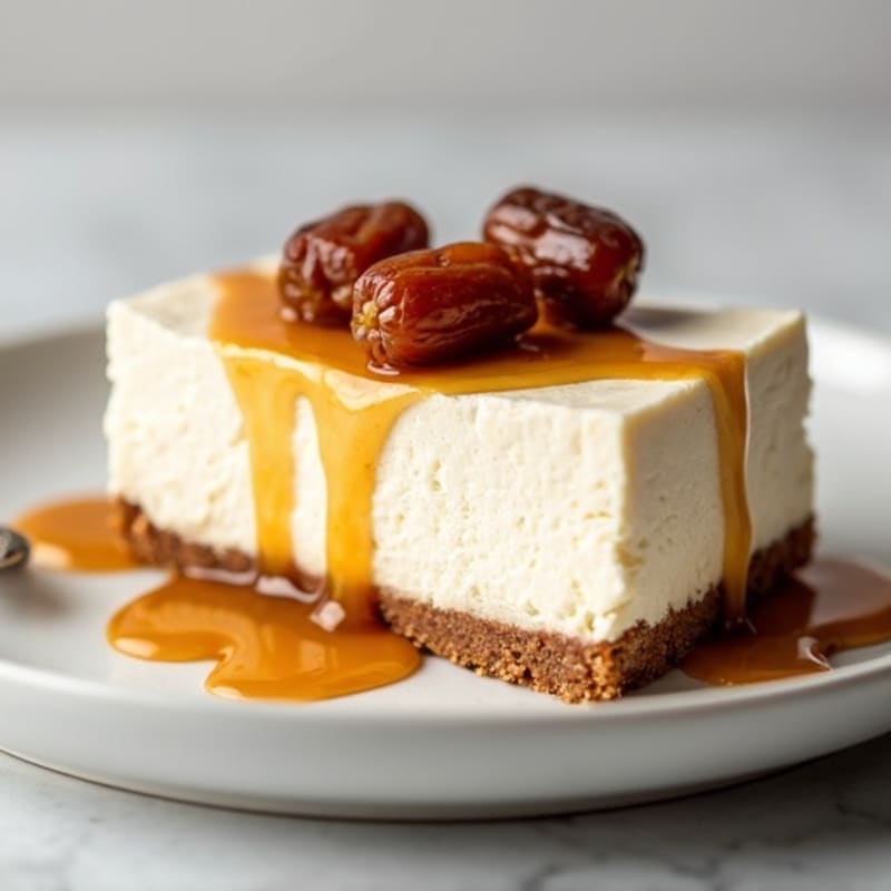 Protein-Rich Greek Yogurt Cheesecake with Date Caramel Drizzle