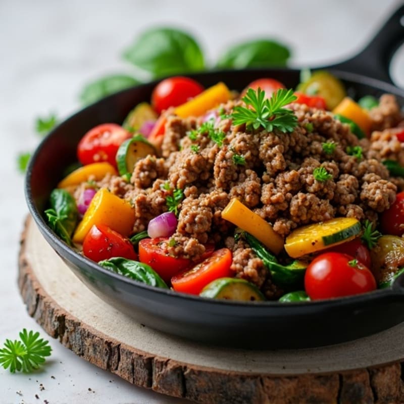 Savory Ground Beef and Roasted Vegetable Skillet