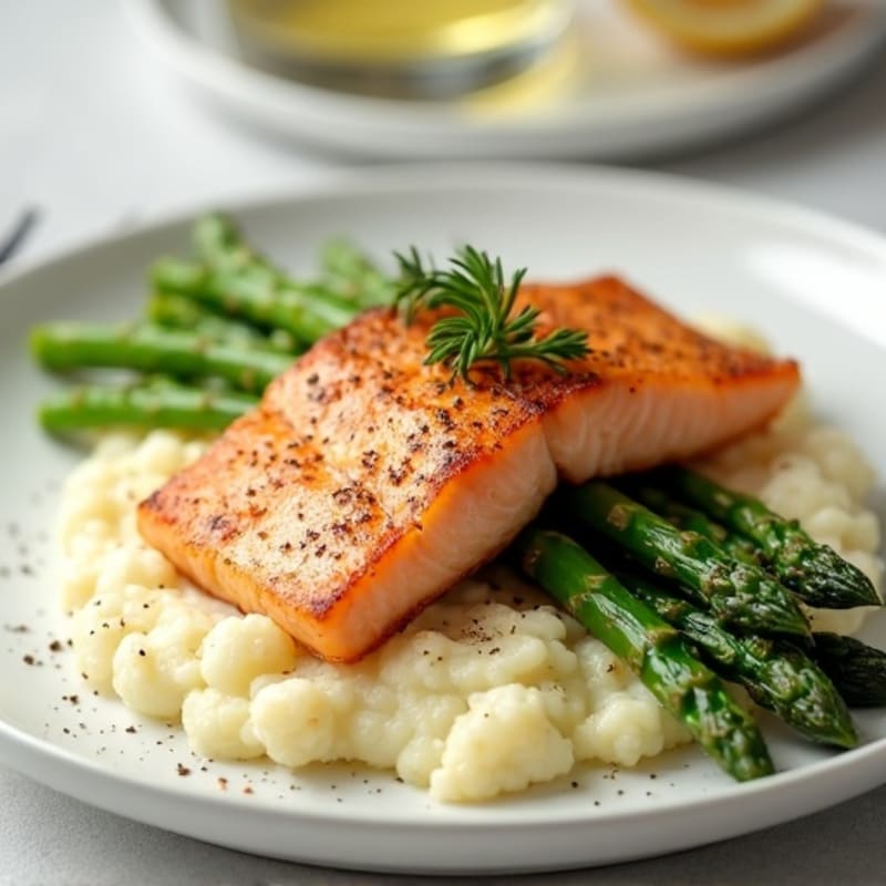Seared Salmon with Asparagus and Cauliflower Mash