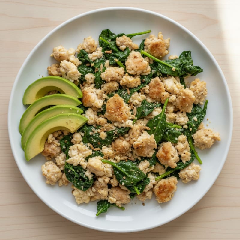 Egg White and Chicken Sausage Scramble with Spinach