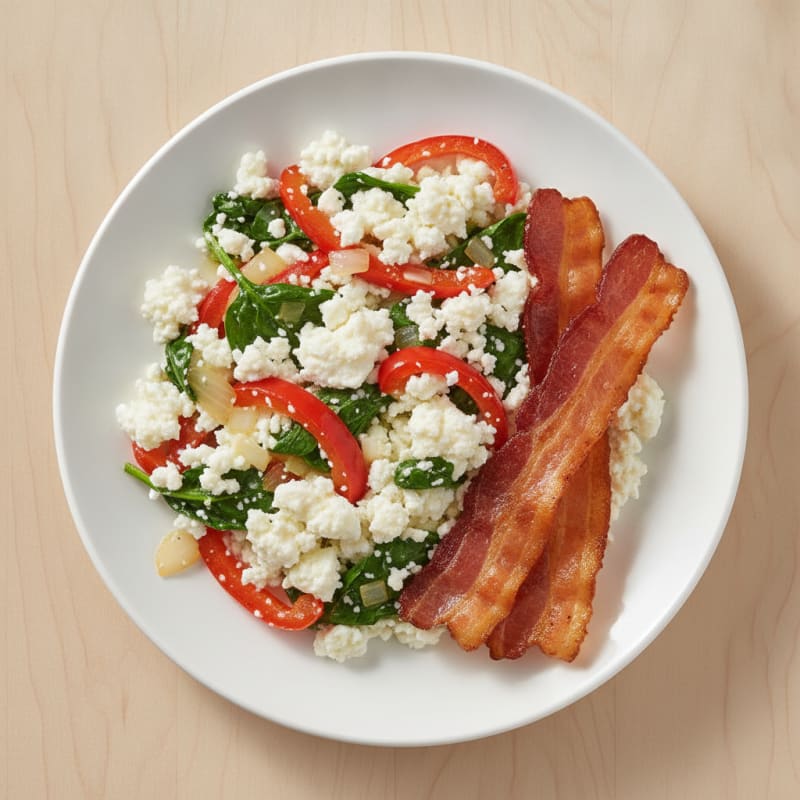 Egg White Veggie Scramble with Cottage Cheese and Turkey Bacon