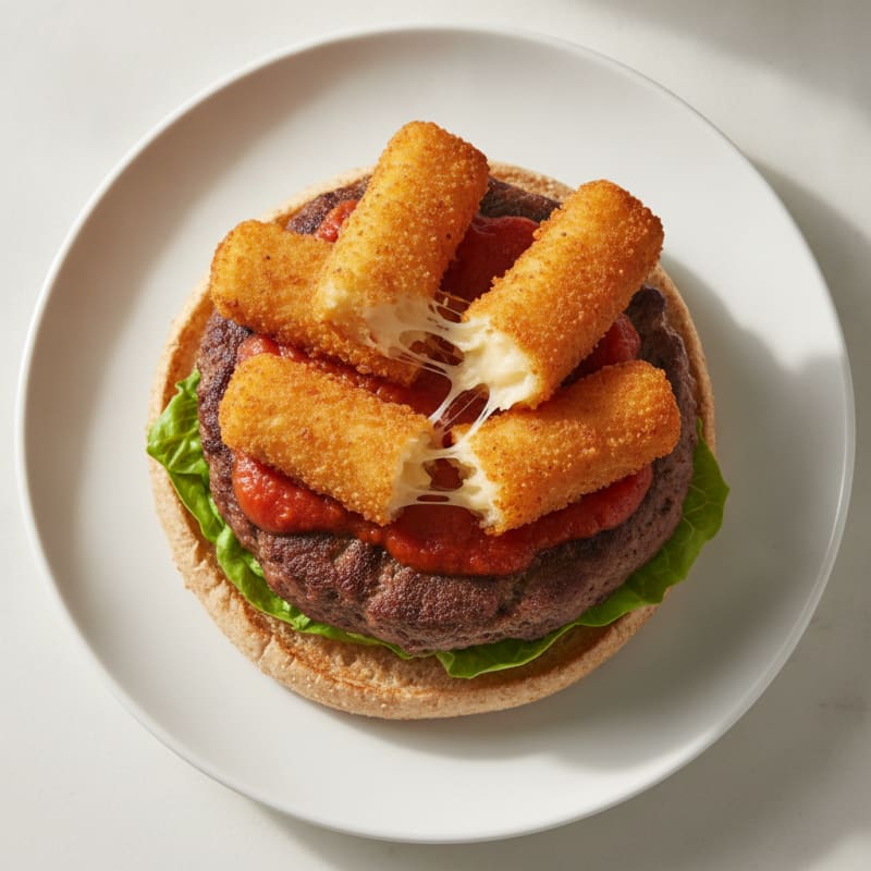 Mozzarella Stick Beef Burger with Marinara