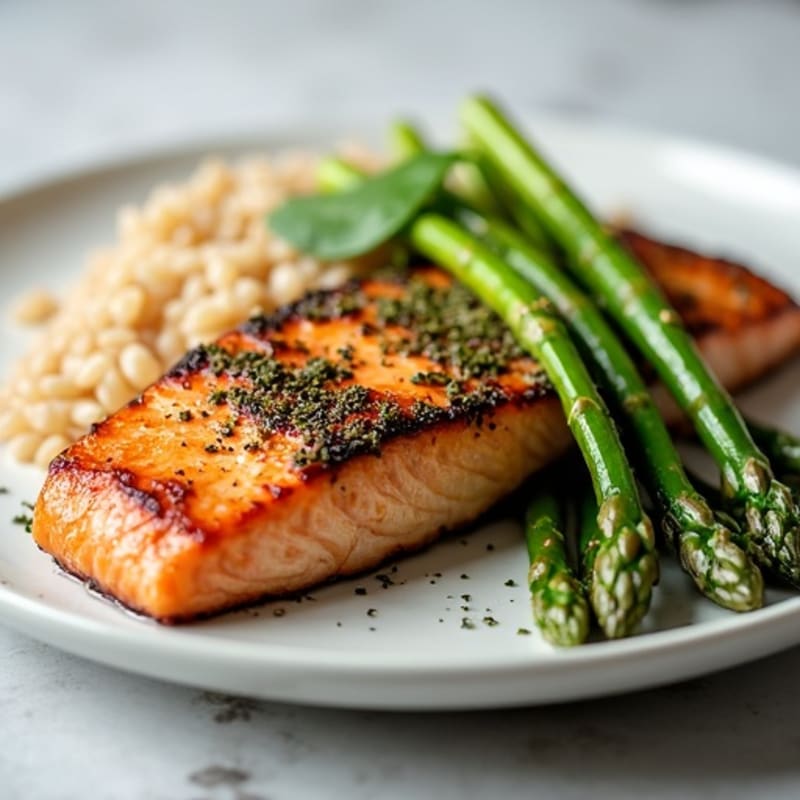 Seared Salmon with Steamed Asparagus and Brown Rice