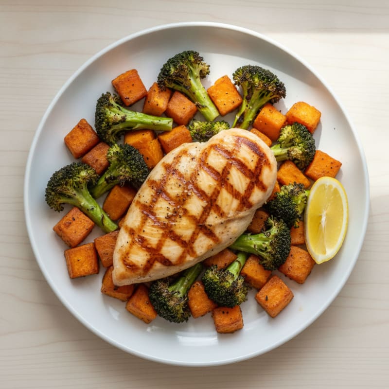 Grilled Chicken Breast with Roasted Broccoli and Sweet Potato
