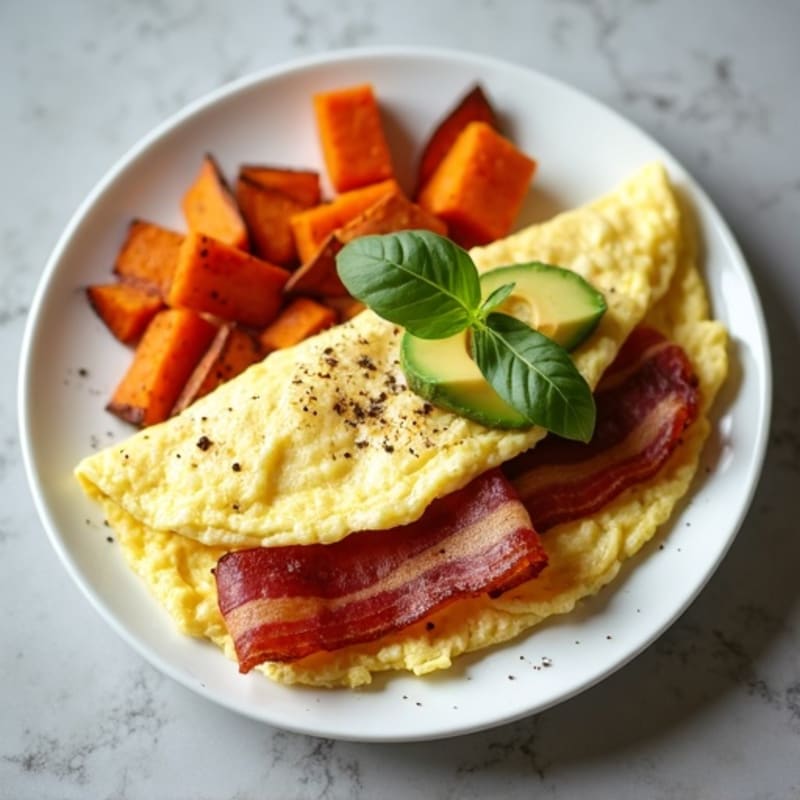 Egg White Omelet with Turkey Bacon and Roasted Sweet Potatoes