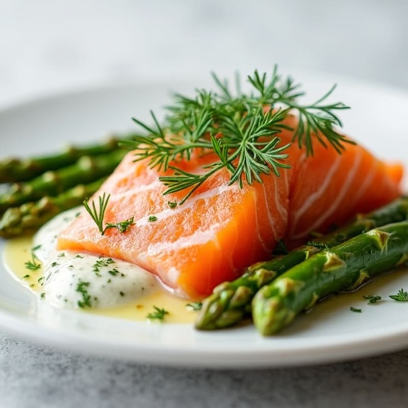 Smoked Salmon with Creamy Dill Sauce and Roasted Asparagus