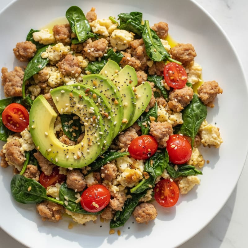 Egg White and Turkey Sausage Scramble with Spinach and Cherry Tomatoes