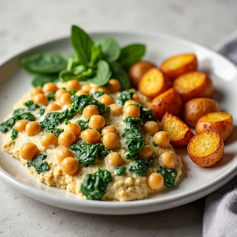 Creamy Chickpea and Spinach Scramble with Roasted Potatoes
