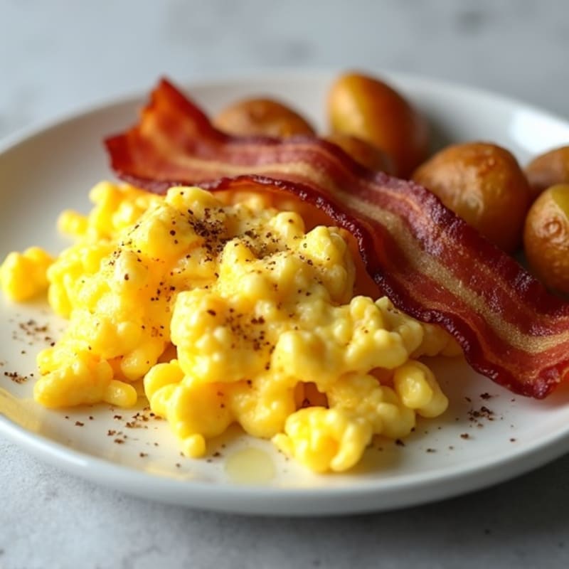 Scrambled Eggs with Crispy Bacon and Roasted Potatoes