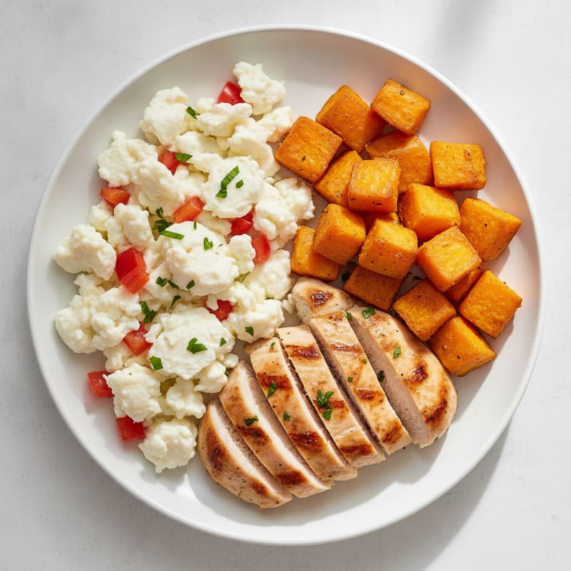 Scrambled Egg Whites with Chicken Breast and Roasted Sweet Potatoes