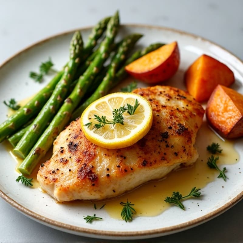 Crispy Lemon Herb Roasted Chicken with Roasted Asparagus and Sweet Potatoes