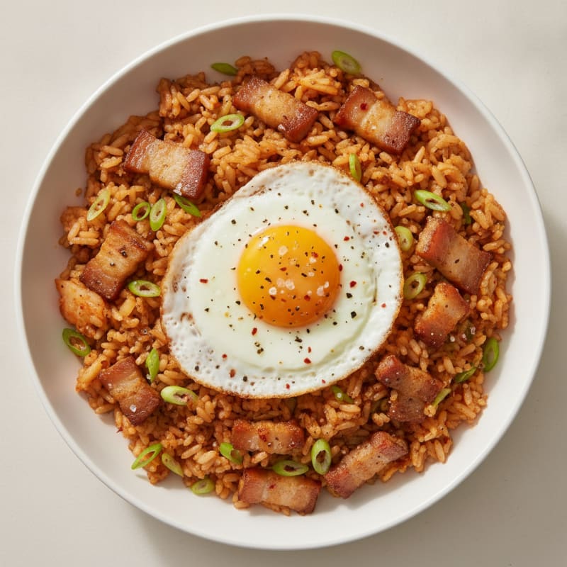 Kimchi Fried Rice with Crispy Pork Belly