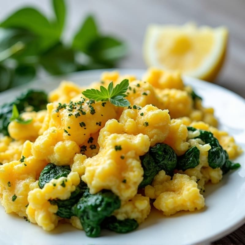 Fluffy Scrambled Eggs with Sautéed Spinach and Fresh Herbs