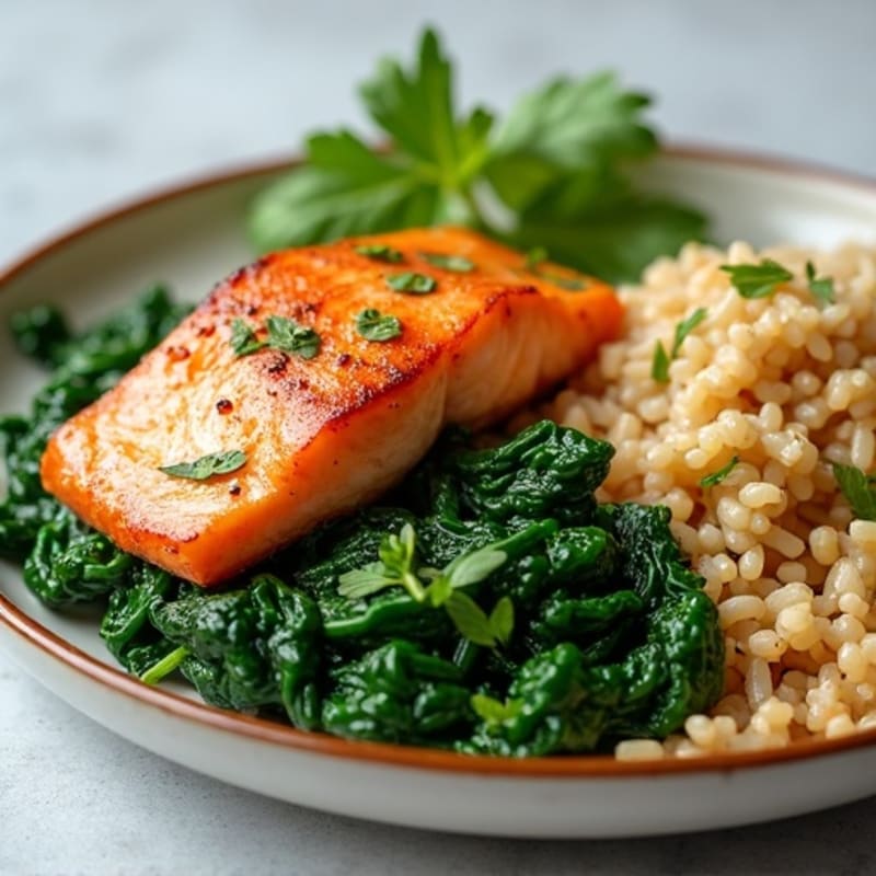 Seared Salmon with Garlic Spinach and Brown Rice