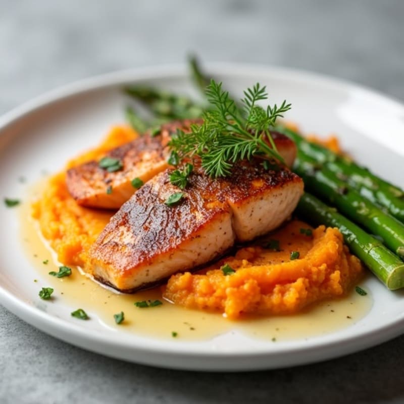 Seared Salmon with Roasted Asparagus and Sweet Potato Mash