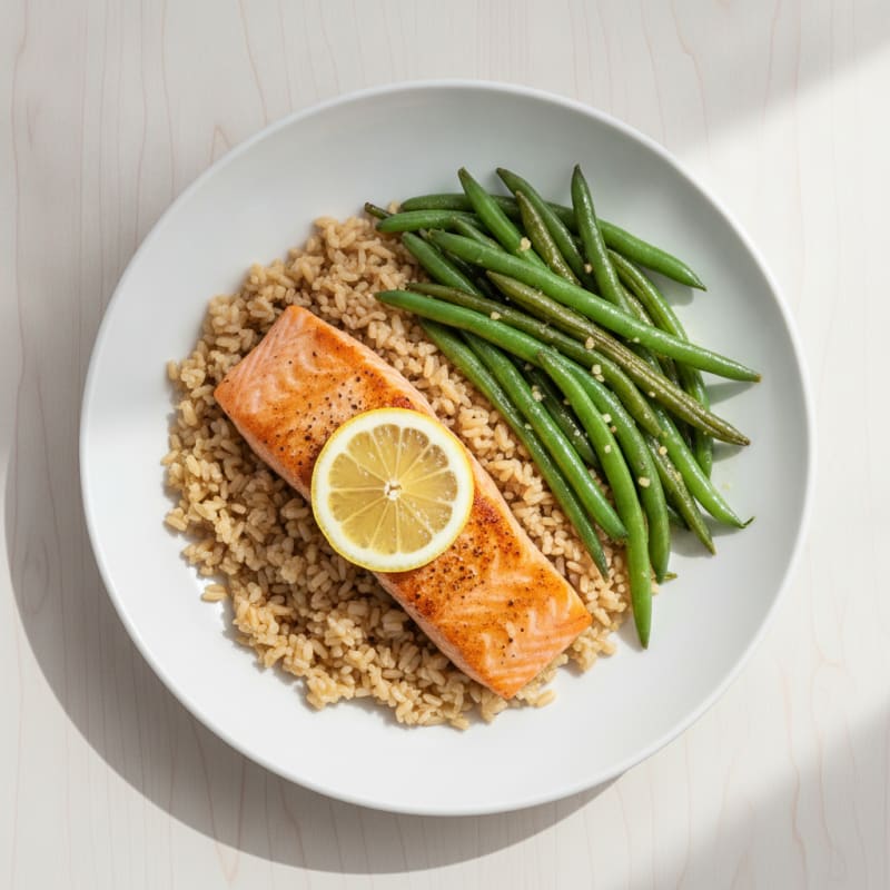 Seared Salmon Fillet with Lemon Garlic Green Beans and Brown Rice
