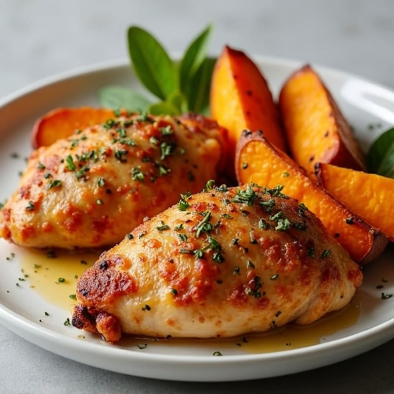 Crispy Herb-Roasted Chicken with Sweet Potato Wedges
