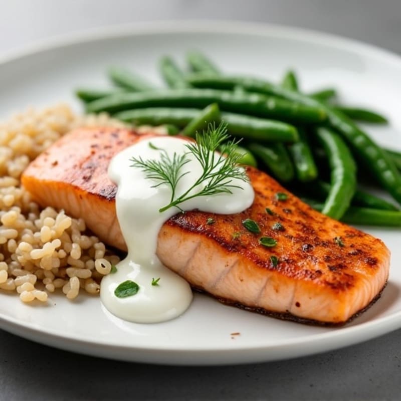 Seared Salmon Fillet with Steamed Green Beans and Brown Rice