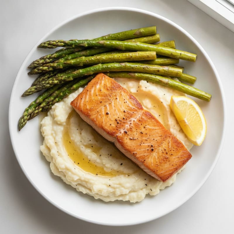 Seared Salmon with Roasted Asparagus and Cauliflower Mash