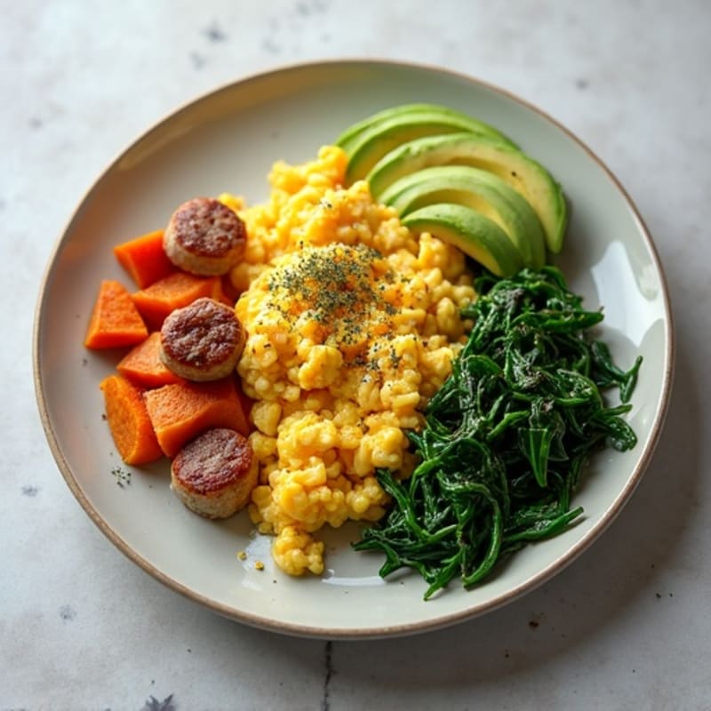 Egg White and Turkey Sausage Scramble with Sautéed Spinach and Sweet Potato