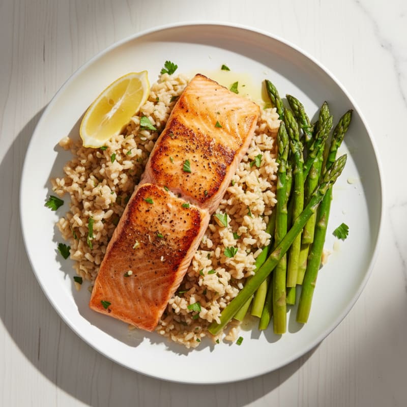 Seared Salmon Filet with Steamed Asparagus and Herbed Brown Rice