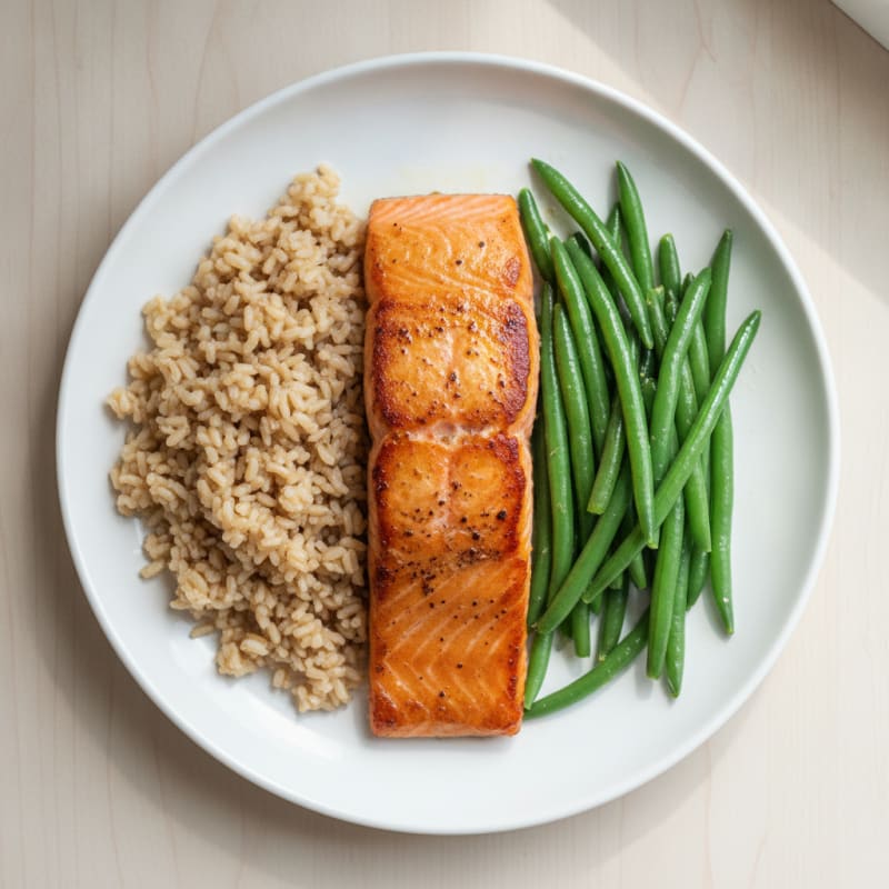 Seared Salmon with Steamed Green Beans and Brown Rice