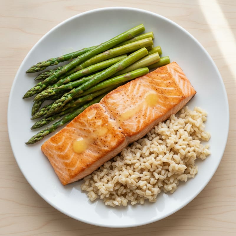 Seared Salmon with Steamed Asparagus and Brown Rice