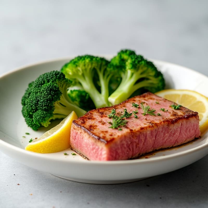 Seared Tuna Steak with Steamed Broccoli and Lemon