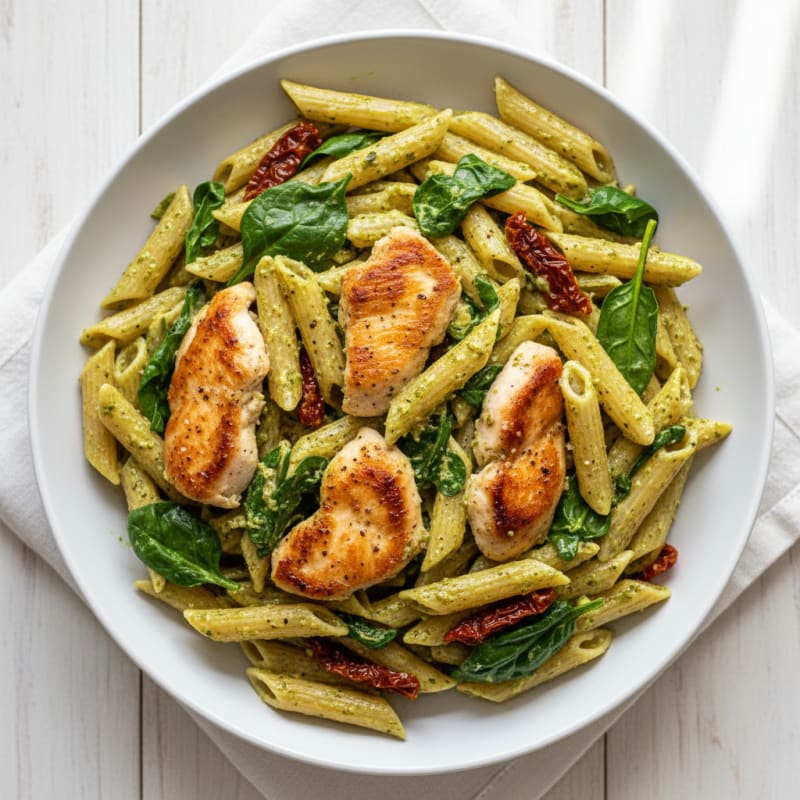 Creamy Pesto Chicken Pasta with Sun-Dried Tomatoes