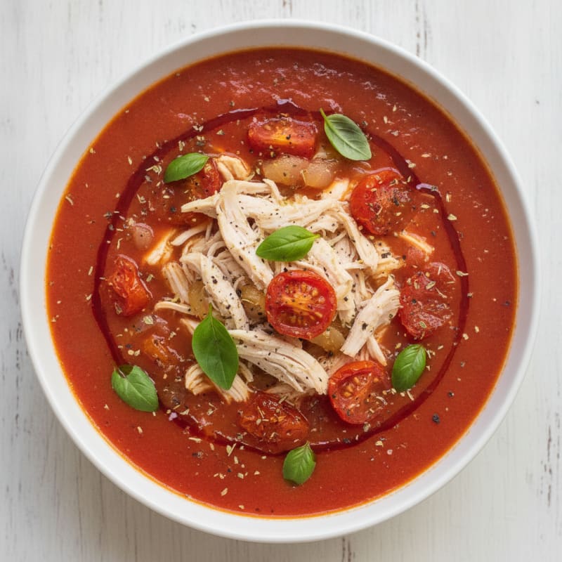 Roasted Tomato Basil Soup with Shredded Chicken