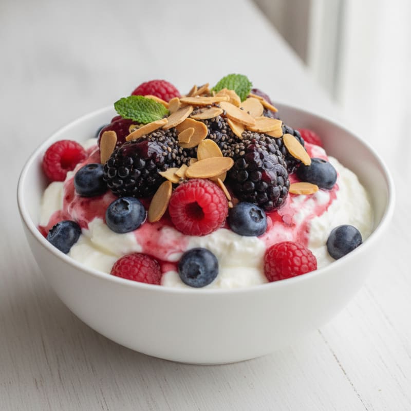Greek Yogurt Protein Parfait with Mixed Berries and Almonds