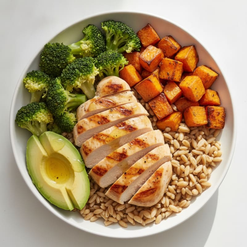 Grilled Chicken and Roasted Sweet Potato Bowl with Farro and Steamed Vegetables